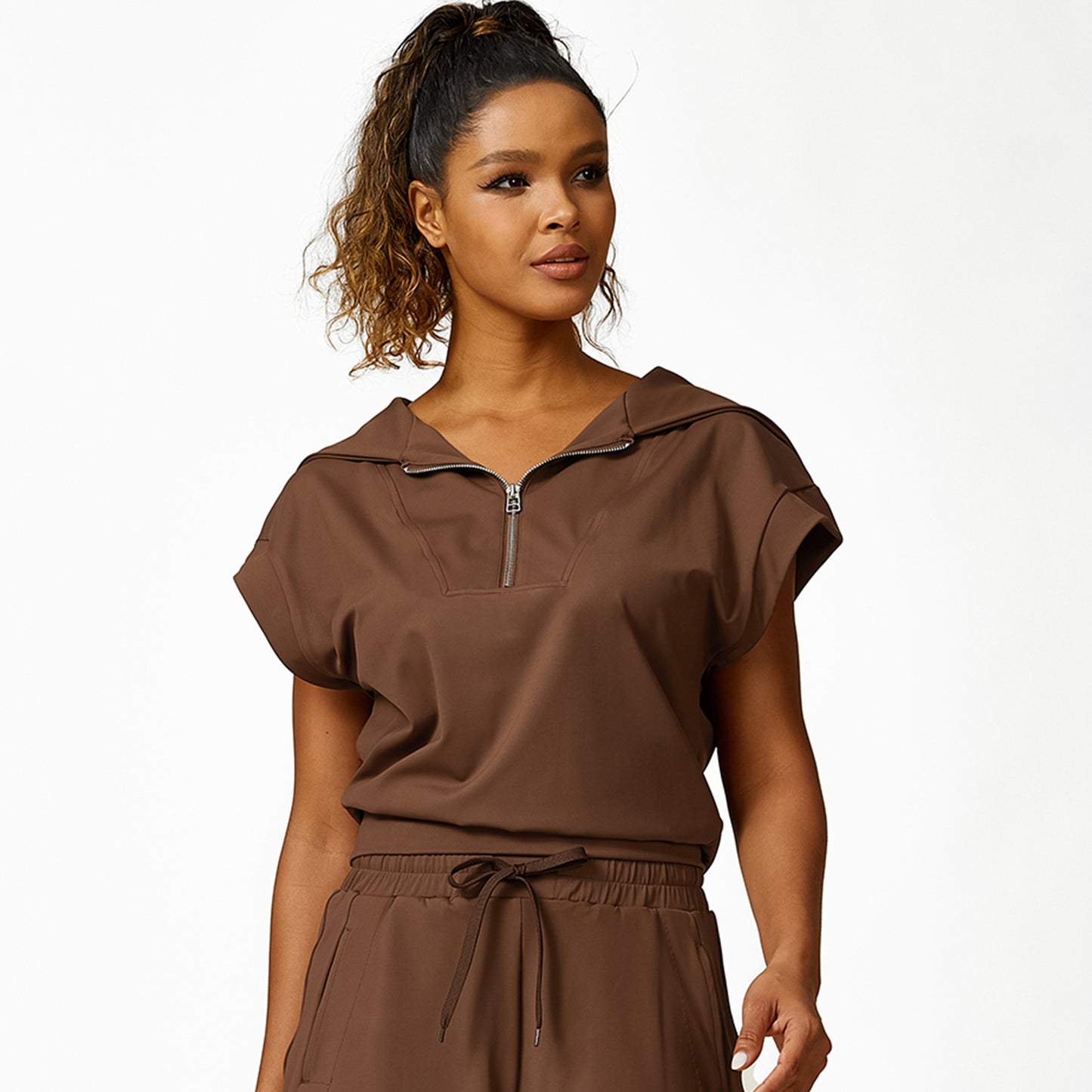 Loose Half Zipper And Lapel Sleeveless Top Casual Trousers Lace-up Shorts Three-piece Set