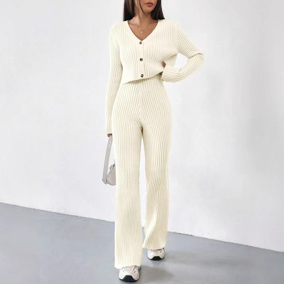 Solid Color Knitted Two-piece Women's V-neck Short Knitted Cardigan Bootcut Trousers Versatile Casual Women's Clothing