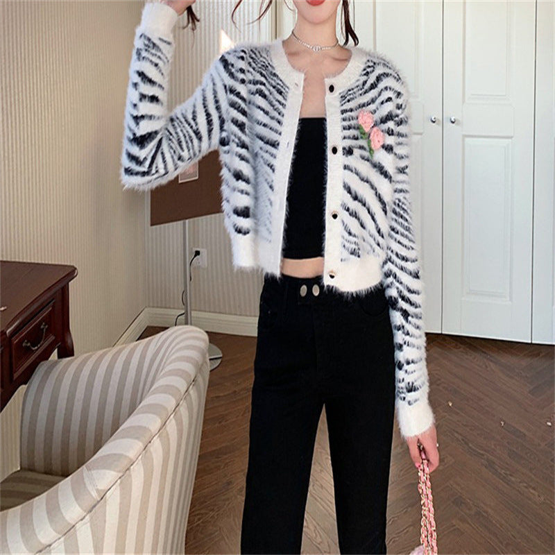 Mink Fur Zebra Pattern Knitted Cardigan Sweater Women's Coat