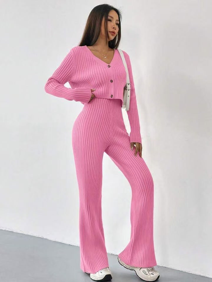 Solid Color Knitted Two-piece Women's V-neck Short Knitted Cardigan Bootcut Trousers Versatile Casual Women's Clothing