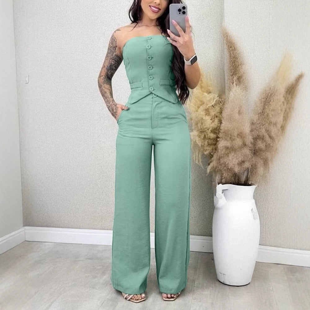 Tube Top Button Vest Closure Placket Wide Leg Trousers Suit