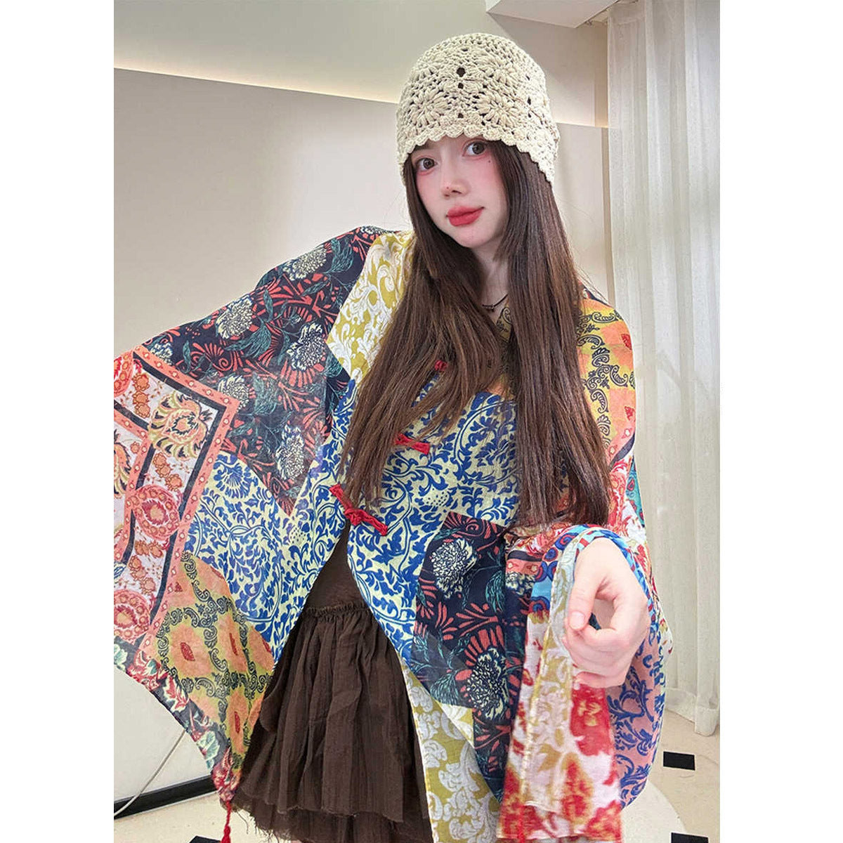 Ethnic Style Sunscreen Shawl Thin Retro Buckle Cloak