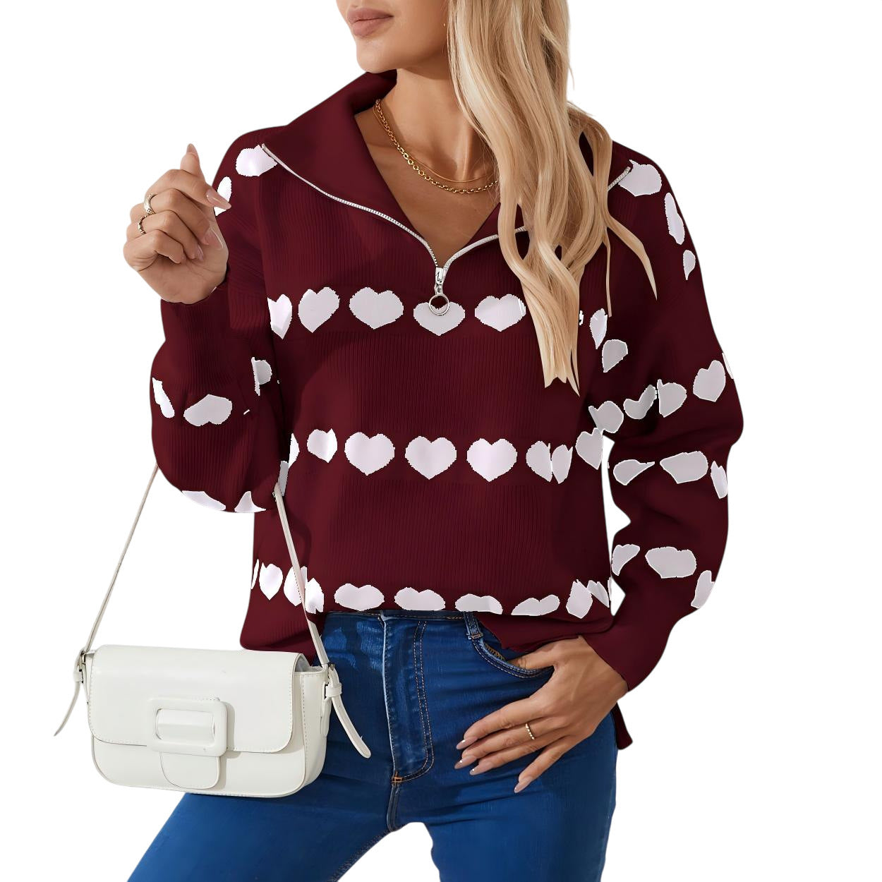 Female With Hearts Contrast Color Pullover Top