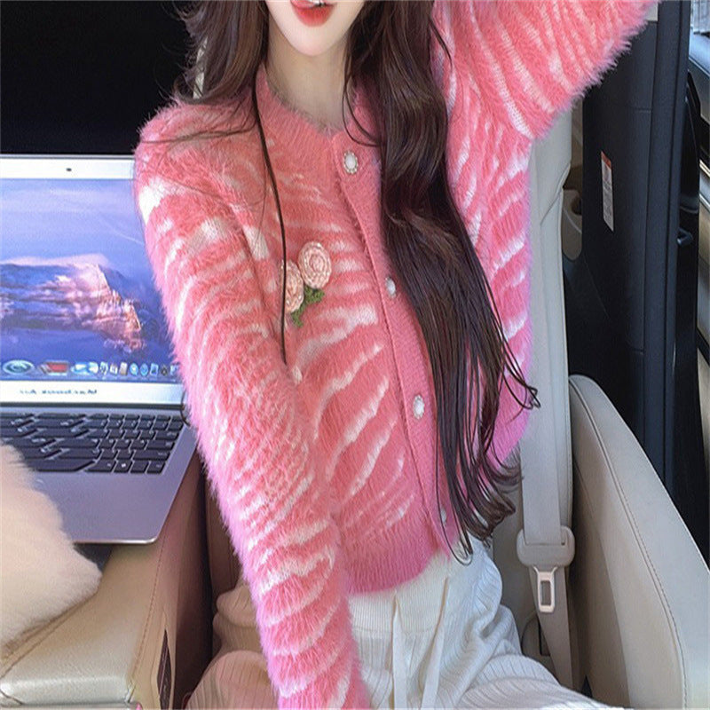 Mink Fur Zebra Pattern Knitted Cardigan Sweater Women's Coat