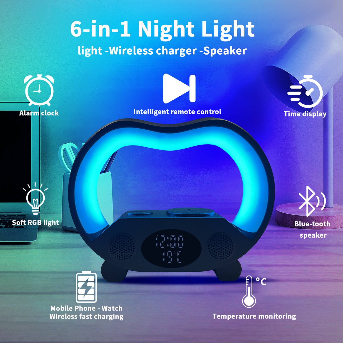 6-in-1 Smart Table Lamp: Ambience Light, Charger, Speaker & Remote/App Control