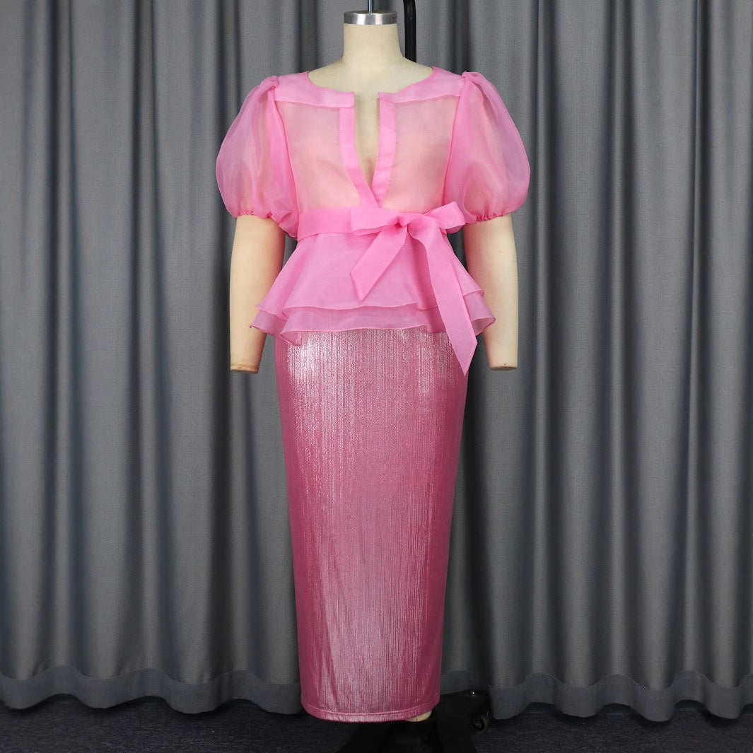 Female Bubble Sleeve Bow Shirt Skirt Set