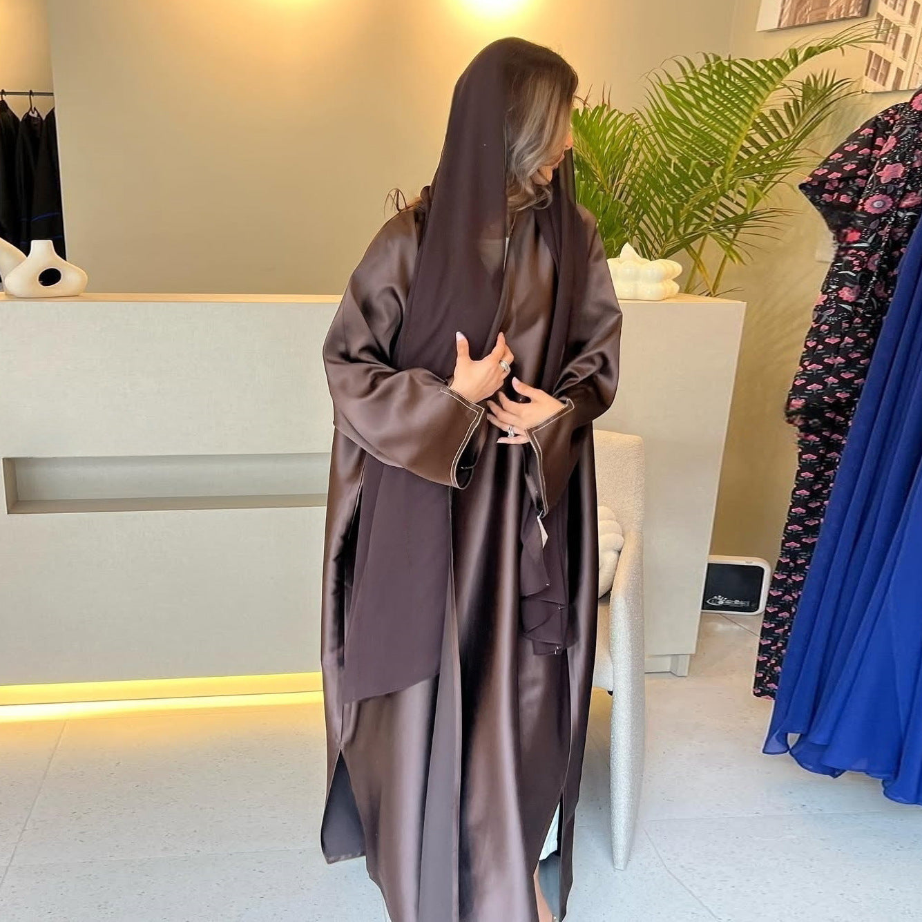 Muslim Robe Middle East Loose Solid Color Satin Cardigan Outerwear