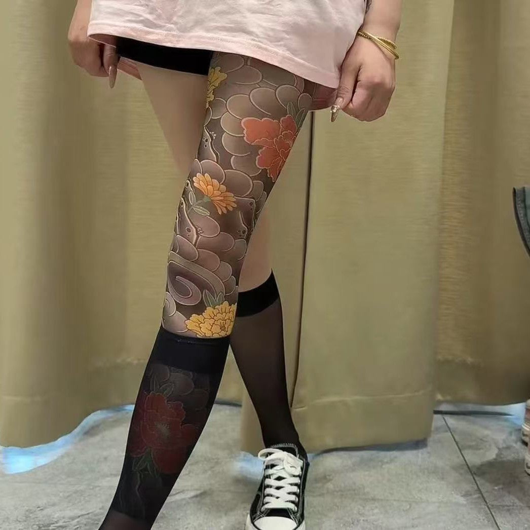Ladies New Tattoo Stockings Peony Kt Pattern