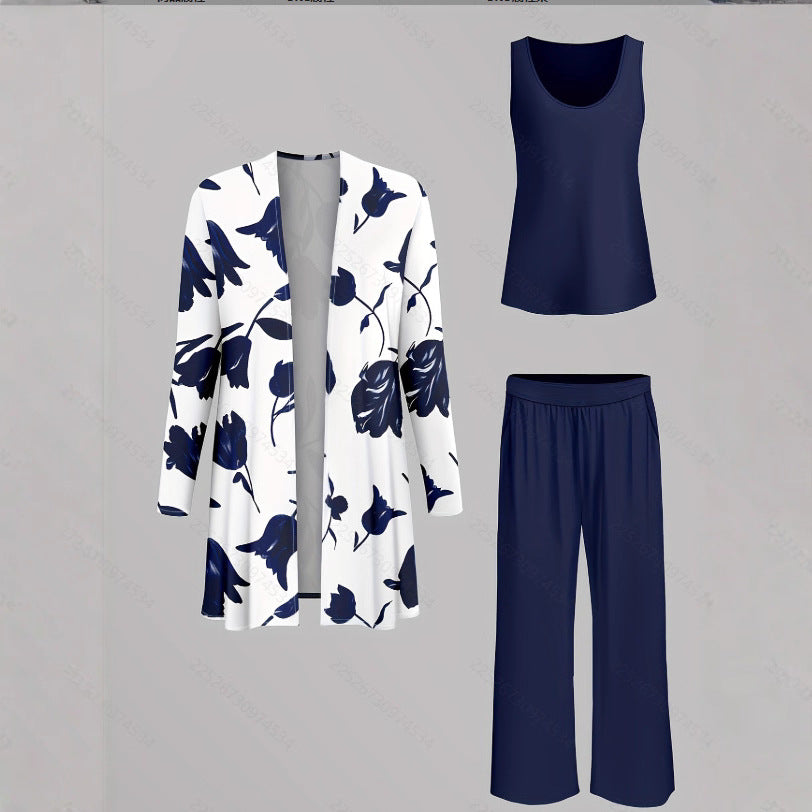 Printed Design Five-quarter Sleeve Wide-leg Pants Three-piece Set
