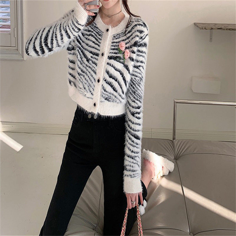 Mink Fur Zebra Pattern Knitted Cardigan Sweater Women's Coat