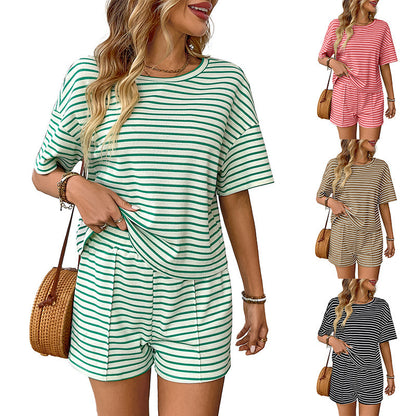 Women's Knitted Striped Fashion Casual Shorts Sports Suit