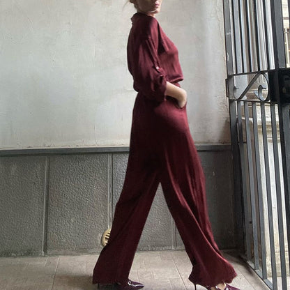 Lapel Long Sleeve Loose Shirt High Waist Trousers Two-piece Set