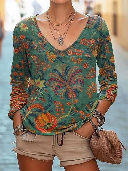 Casual V-neck Long Sleeve Regular Pullover Digital Printing Women's Top