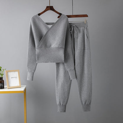 Sexy V-neck Sweater Casual Sports Pants Two-piece Set For Women