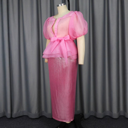 Female Bubble Sleeve Bow Shirt Skirt Set
