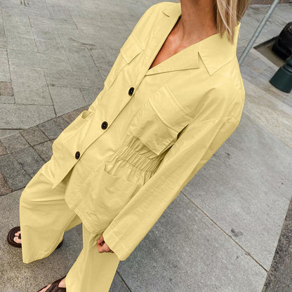 Lapel Long Sleeve Waist-controlled Top Wide Leg Pants Two-piece Set