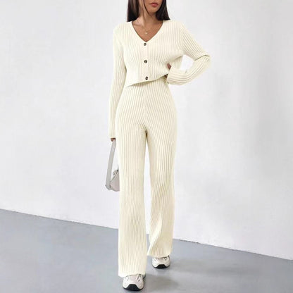 Solid Color Knitted Two-piece Women's V-neck Short Knitted Cardigan Bootcut Trousers Versatile Casual Women's Clothing
