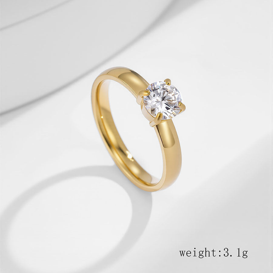 Simple Four-claw Round Diamond Stainless Steel Ring