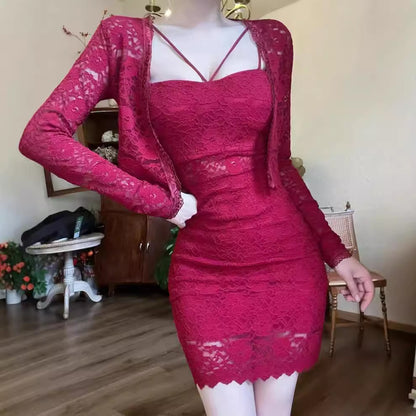 Sexy Lace Sling Sheath Dress Two-piece Set