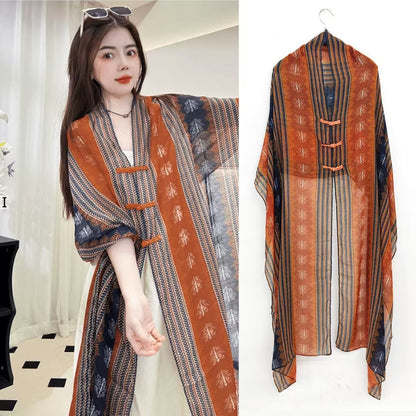 Popular Ethnic Style Shawl Summer Travel Wear Retro Buckle Sun Protection Coat