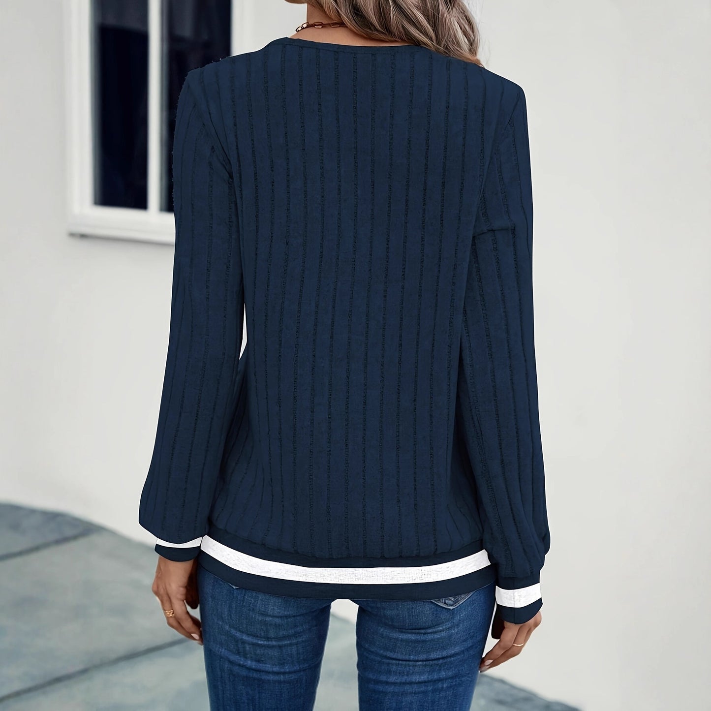 Women's Casual V-neck Ribbed Sweatshirt Navy Blue