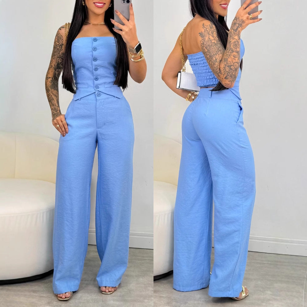Tube Top Button Vest Closure Placket Wide Leg Trousers Suit
