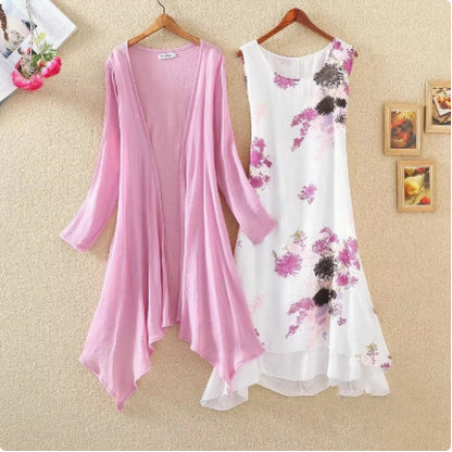 Long Sleeves Outer Match Shawl Mid-length Cotton And Linen Printed Irregular Dress
