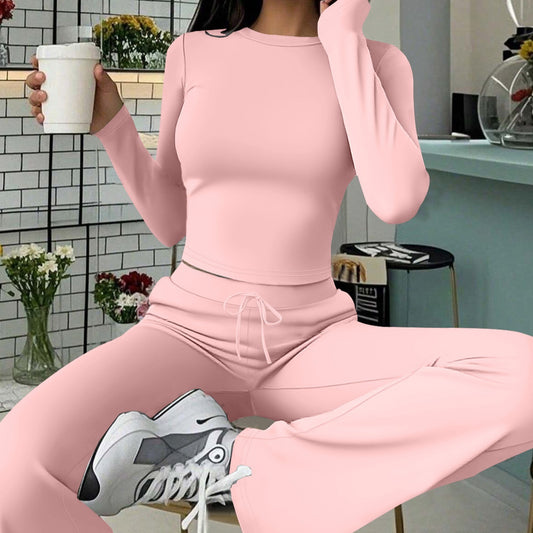 Solid Color T-shirt Round Neck Long Sleeve Trousers Suit