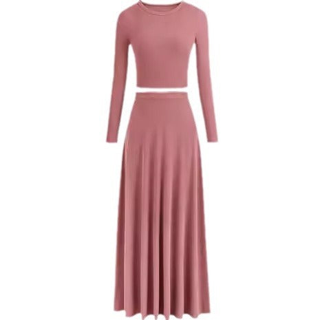 Casual Rib Knitted Long Sleeves Cropped Top Extra Long Piaise Skirt With Suit