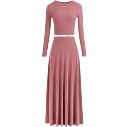Casual Rib Knitted Long Sleeves Cropped Top Extra Long Piaise Skirt With Suit