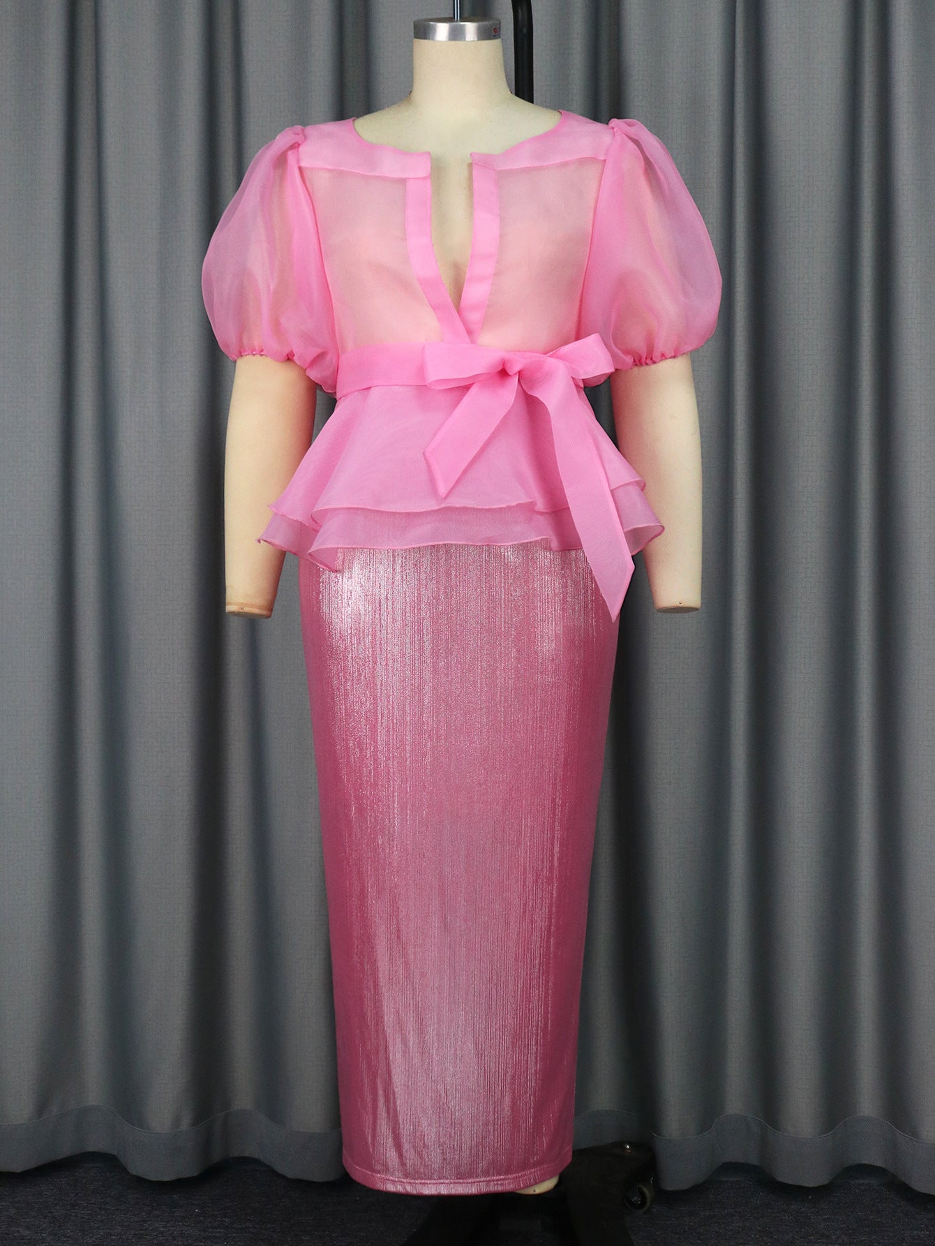 Female Bubble Sleeve Bow Shirt Skirt Set