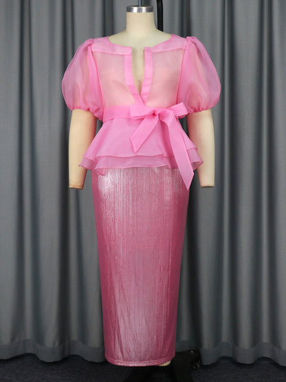 Female Bubble Sleeve Bow Shirt Skirt Set