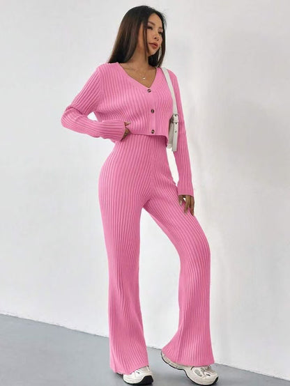Solid Color Knitted Two-piece Women's V-neck Short Knitted Cardigan Bootcut Trousers Versatile Casual Women's Clothing