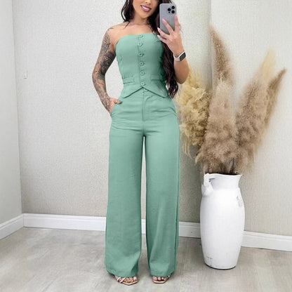 Tube Top Button Vest Closure Placket Wide Leg Trousers Suit