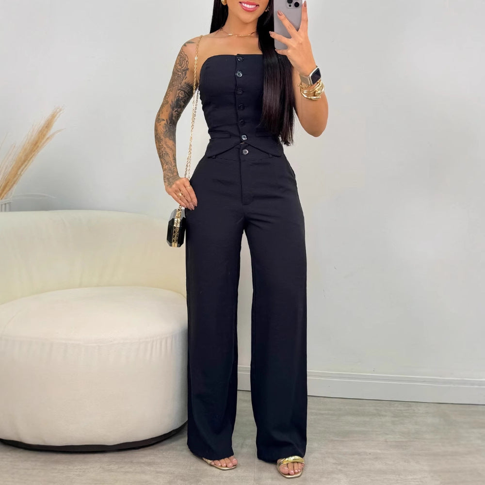 Tube Top Button Vest Closure Placket Wide Leg Trousers Suit