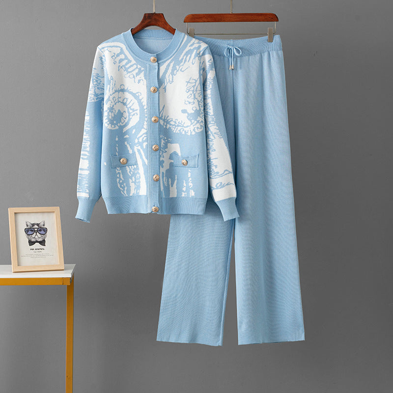 Jacquard Cardigan Single-breasted Sweater Casual Sports Wide-leg Pants Two-piece Set