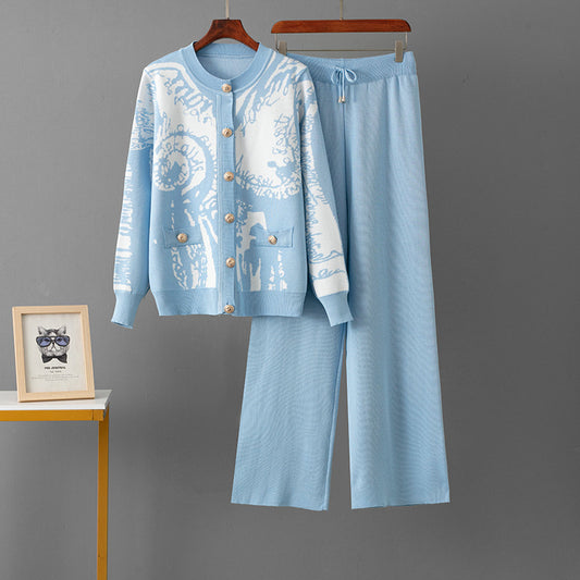 Jacquard Cardigan Single-breasted Sweater Casual Sports Wide-leg Pants Two-piece Set