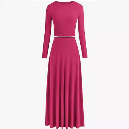 Casual Rib Knitted Long Sleeves Cropped Top Extra Long Piaise Skirt With Suit