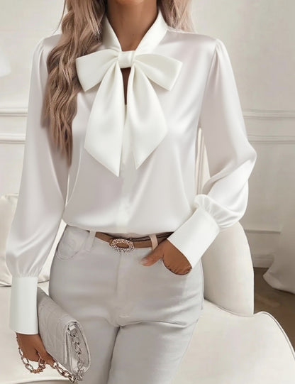 Women's Pure Color Casual Versatile Bow Satin Shirt