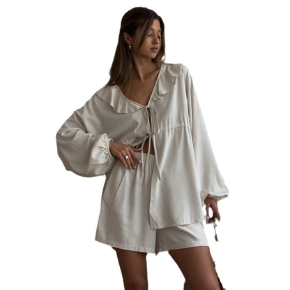 V-neck Puff Sleeve Top And Shorts Two-piece Set