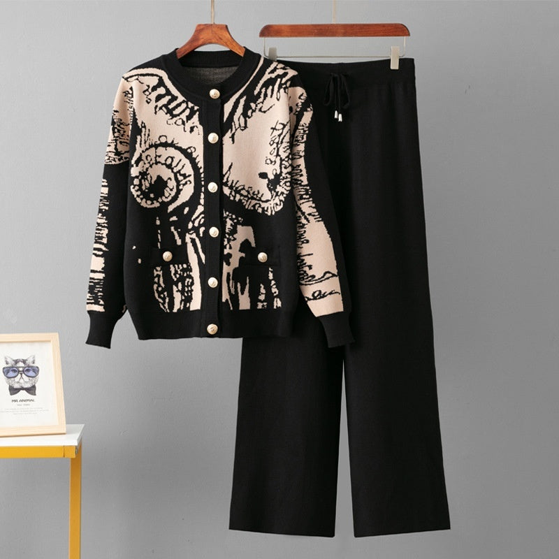 Jacquard Cardigan Single-breasted Sweater Casual Sports Wide-leg Pants Two-piece Set
