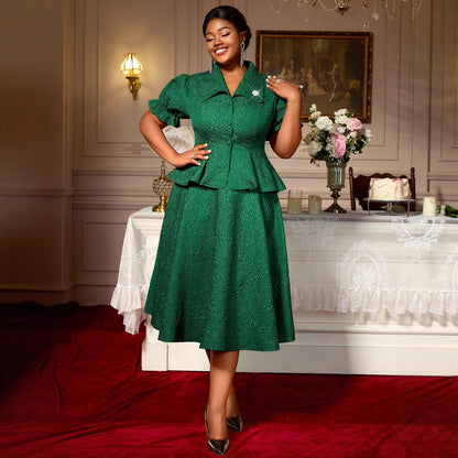Green Jacquard Lapel Button Ruffled Belly-covering Dress