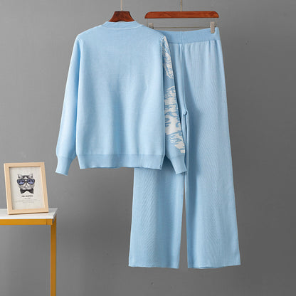 Jacquard Cardigan Single-breasted Sweater Casual Sports Wide-leg Pants Two-piece Set