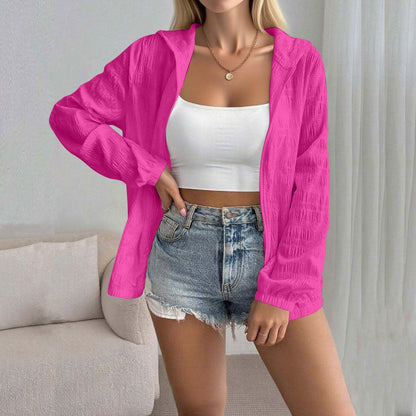 Women's Solid Color Jacquard Long Sleeve Cardigan Top