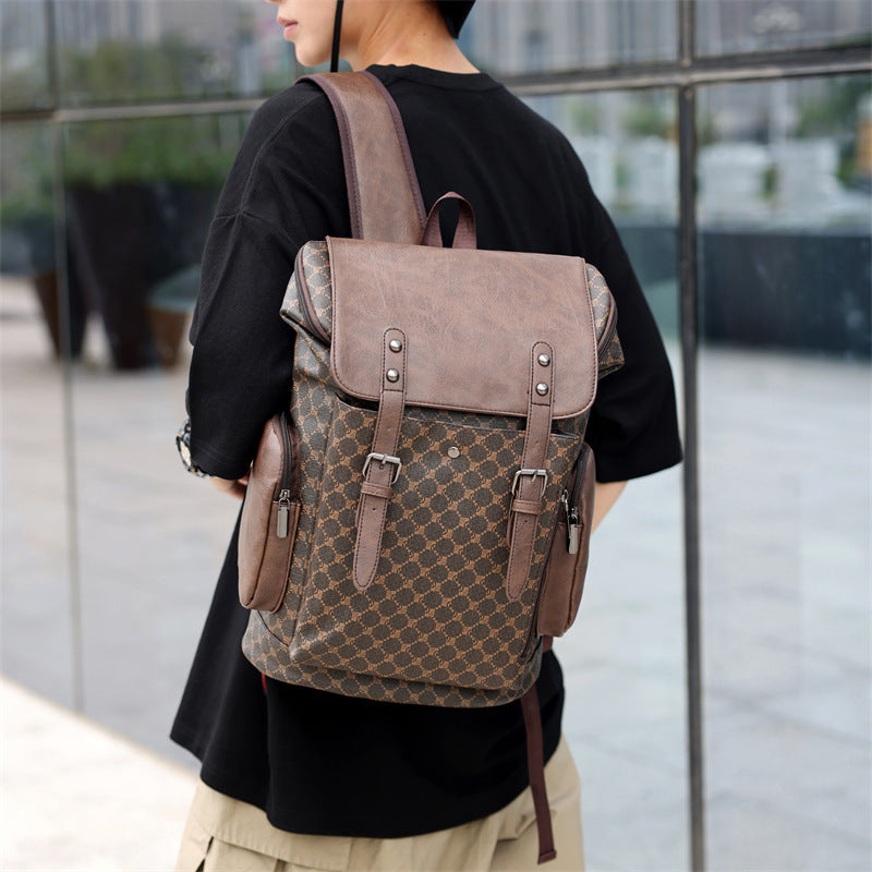 New Men's Leather Large Capacity Men & Women Trendy Plaid Backpack