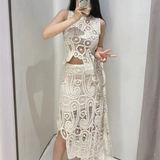 Fashion Round Neck Sleeveless Asymmetric Woven Hollowed Crochet Two-piece Set
