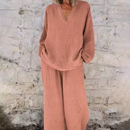Women's Solid Color Casual V-neck Pullover Long Sleeve Trousers Suit