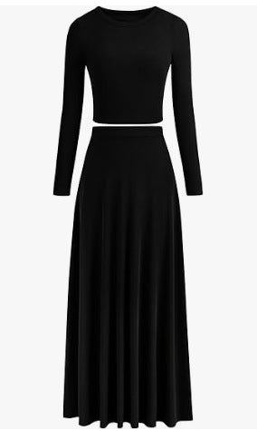 Casual Rib Knitted Long Sleeves Cropped Top Extra Long Piaise Skirt With Suit