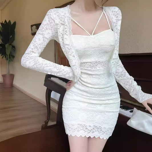 Sexy Lace Sling Sheath Dress Two-piece Set