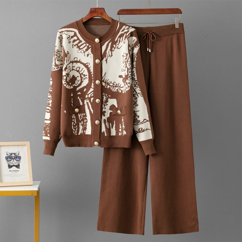 Jacquard Cardigan Single-breasted Sweater Casual Sports Wide-leg Pants Two-piece Set